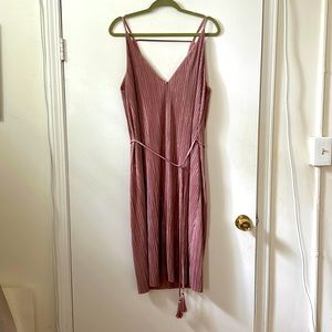 Topshop Pink Shimmer Pleated Midi Dress with Tassle Tie Belt